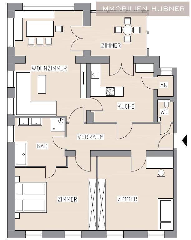 Detaillierter Grundriss einer Wohnung mit mehreren Zimmern, Küche und Bad.