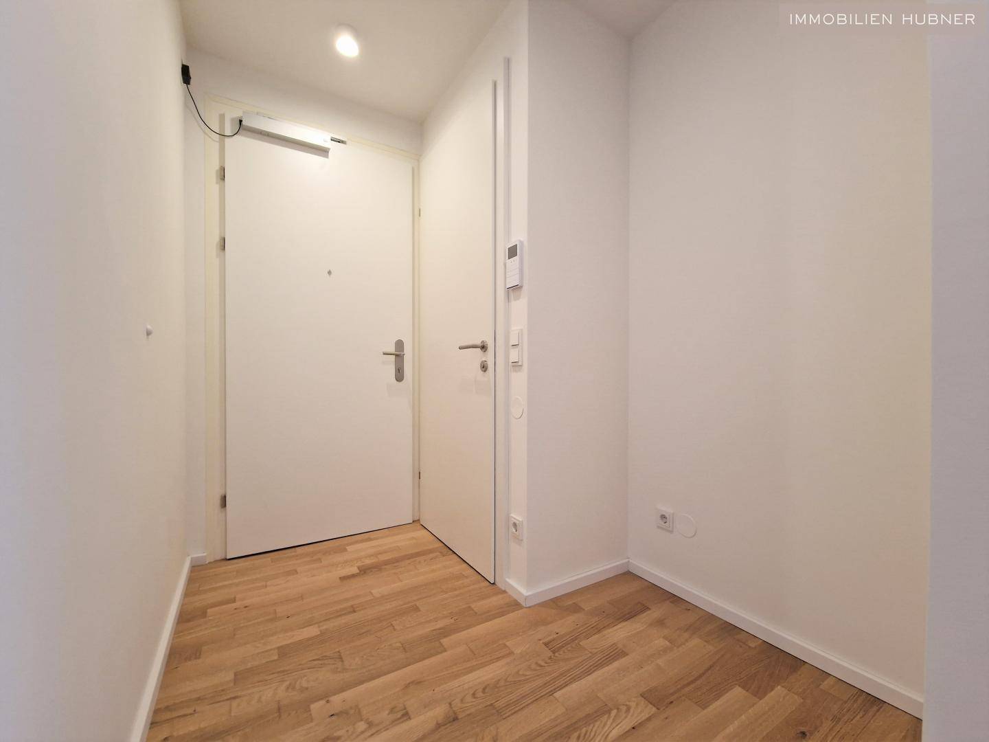 Eingangsbereich mit Holzboden und weiß gestrichenen Wänden, bietet direkten Zugang zur Wohnung.