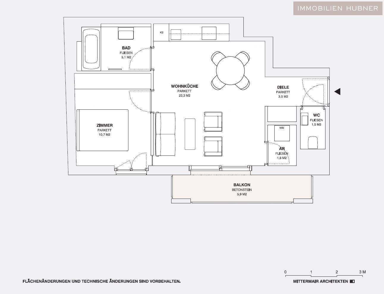 Detaillierter Grundriss einer Wohnung mit Wohnküche, Schlafzimmer und Balkon.