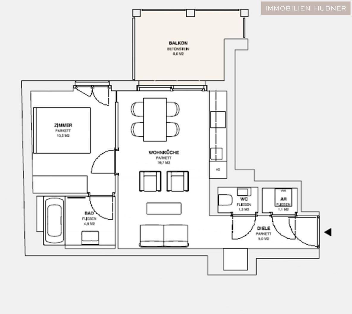 Detaillierter Grundriss einer Wohnung mit Wohnküche, Schlafzimmer, Bad und Balkon.