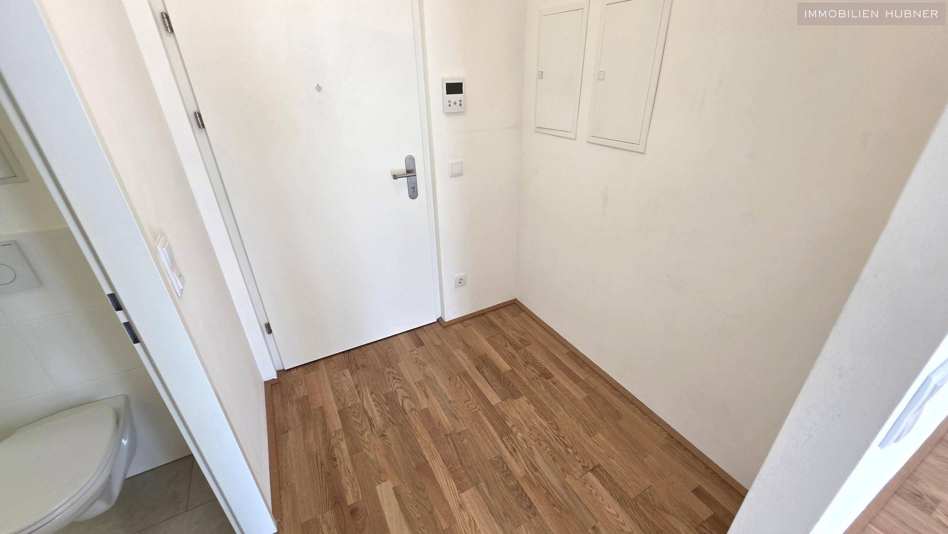 Eingangsbereich mit Laminatboden und weißer Tür, daneben ist eine Gästetoilette angedeutet.