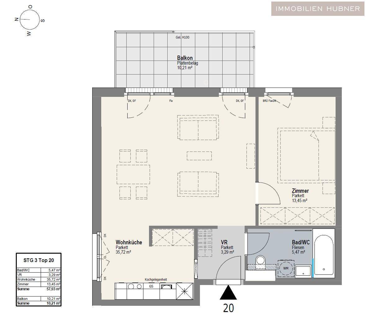 Grundriss einer Wohnung mit offenem Wohn- und Küchenbereich, Schlafzimmer und Balkon.