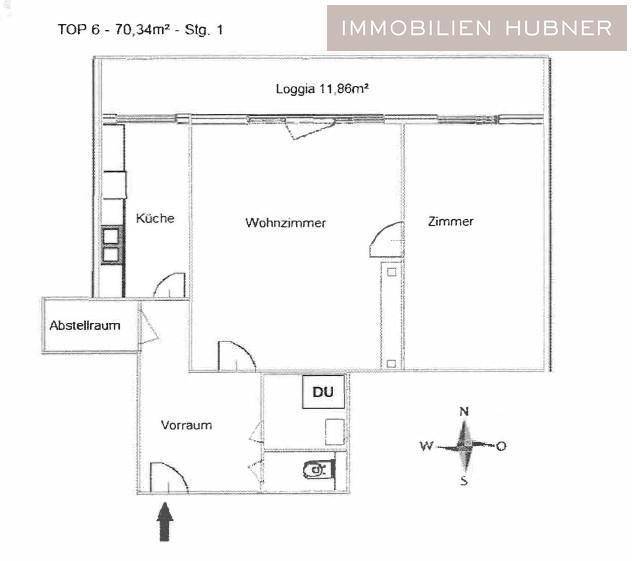 Grundriss der Wohnung mit Küche, Wohnzimmer, Zimmer, Abstellraum und Loggia.