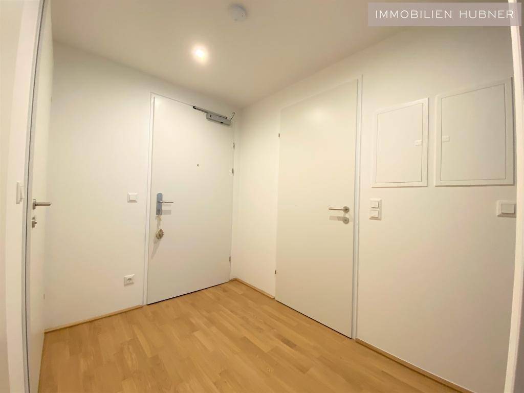 Heller Eingangsbereich mit Holzboden und mehreren weißen Türen.