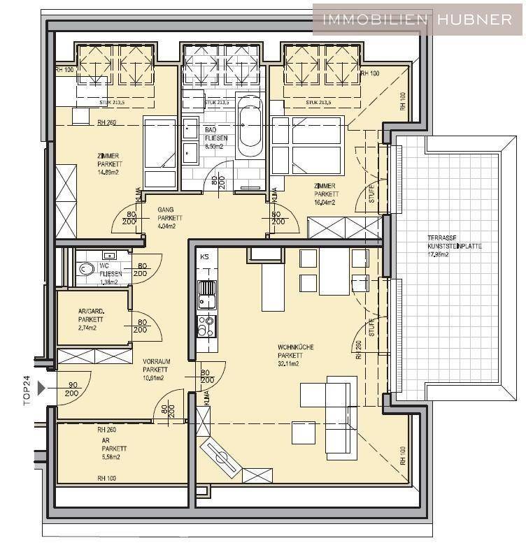 Detaillierter Grundriss einer Wohnung mit Wohnküche, Schlafzimmern, Bad und großer Terrasse.