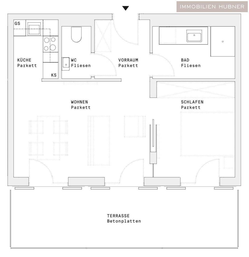 Grundriss einer Wohnung mit offener Küche, Wohnbereich, Schlafzimmer, Bad und Terrasse.
