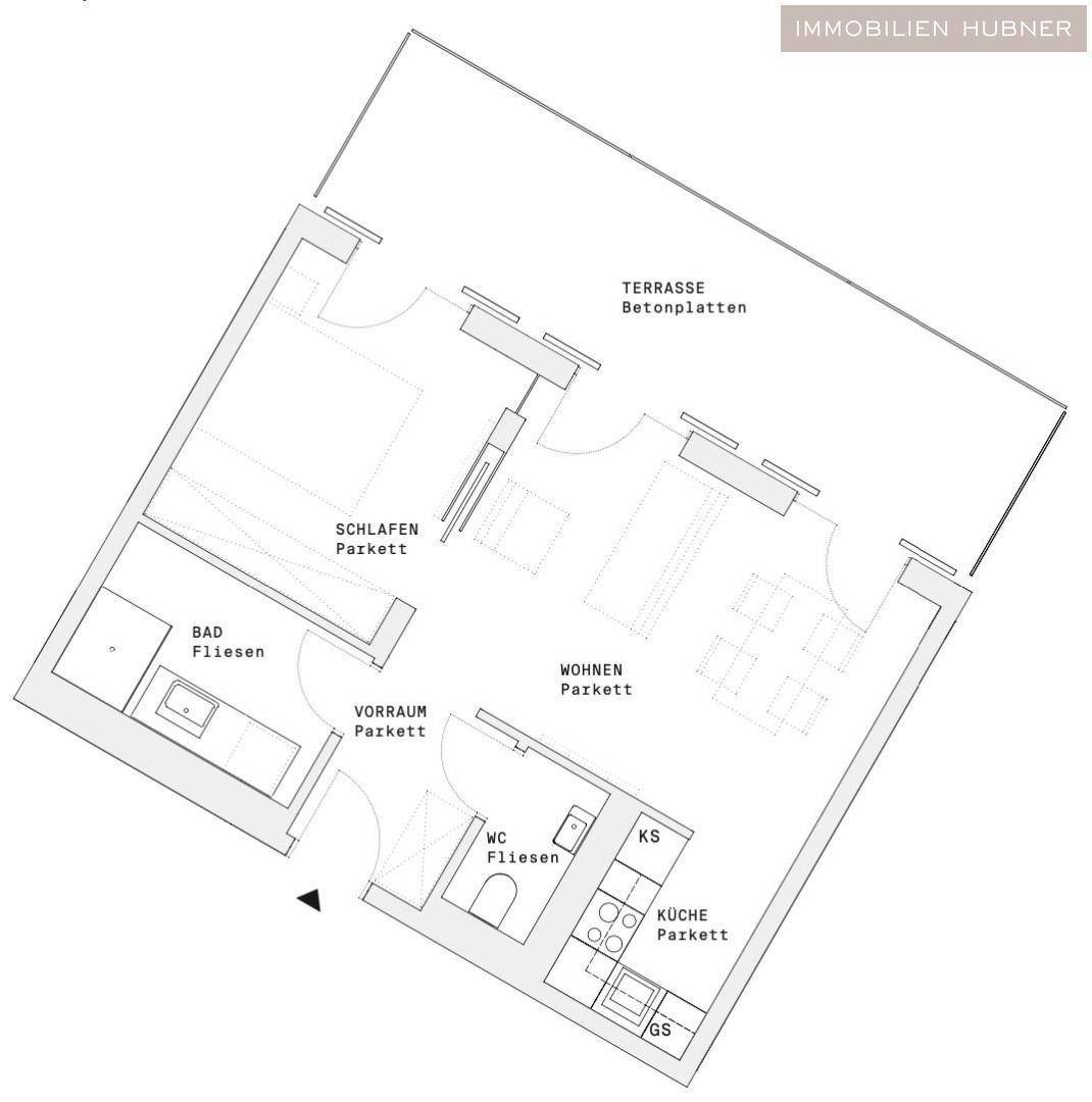 Grundriss einer Wohnung mit Terrasse, Schlafzimmer, Bad, WC und offener Küche.