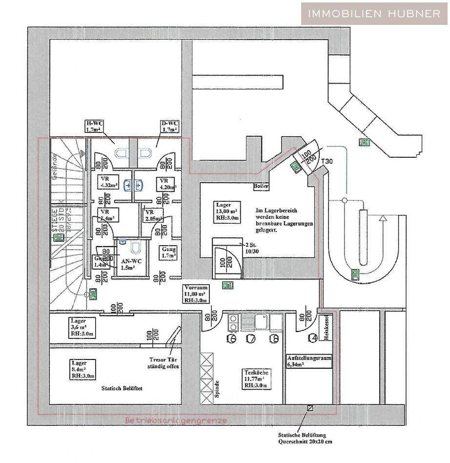 Grundriss des Untergeschosses mit Lagerflächen, Toiletten und Technikräumen.
