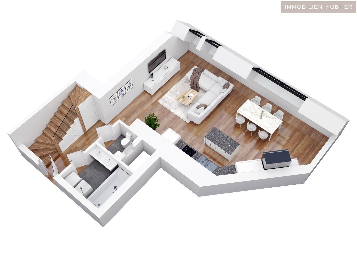 3D-Grundriss des oberen Wohnbereichs mit offener Küche, Essbereich und Wohnzimmer.