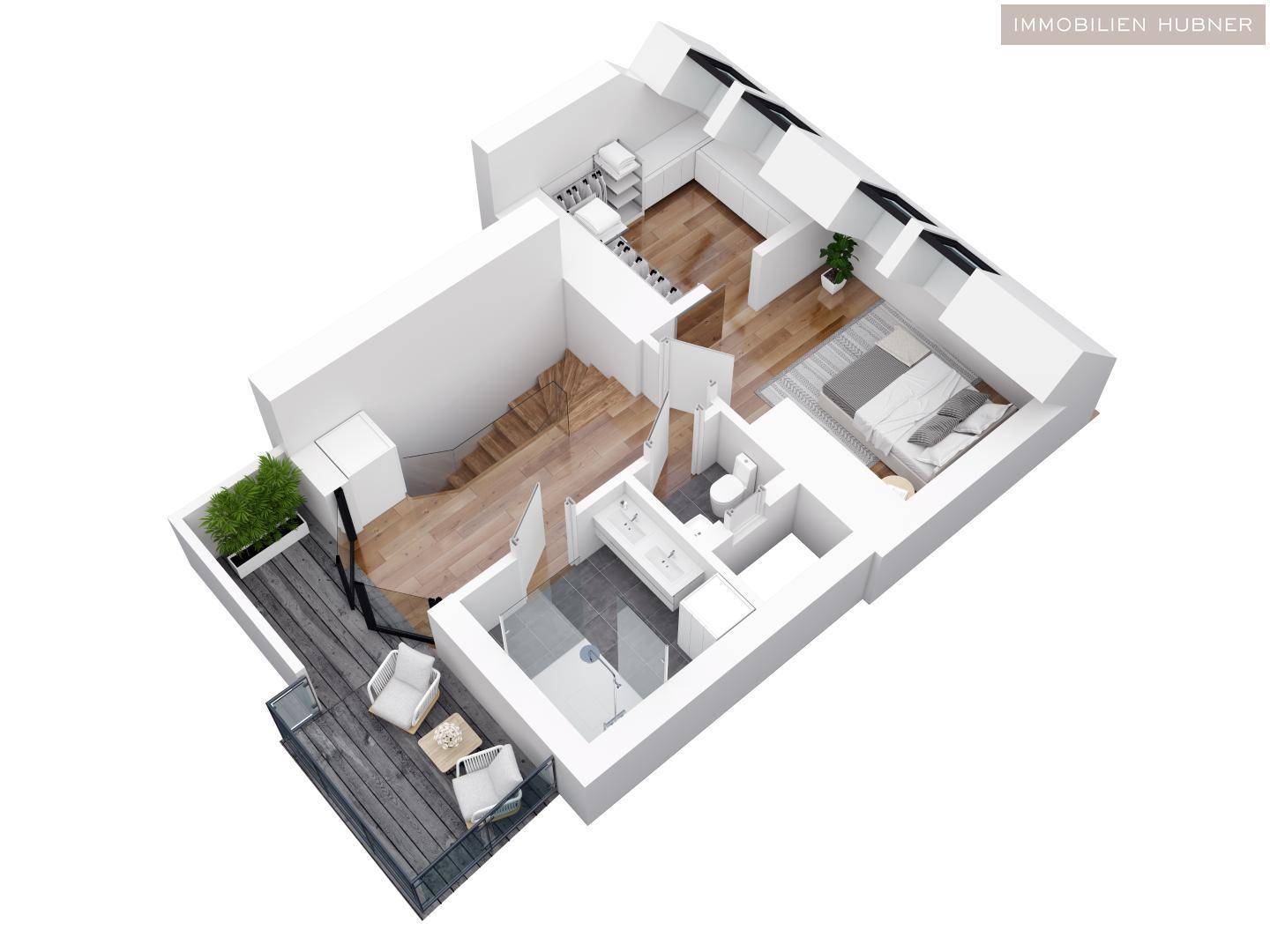 3D-Grundriss des unteren Bereichs mit Schlafzimmer, Bad und Zugang zur Terrasse.