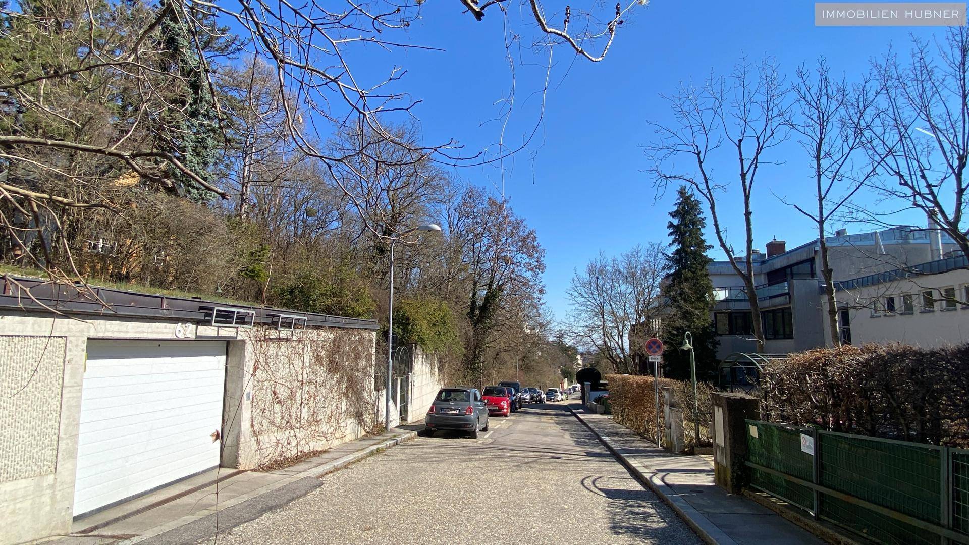 Ruhige Wohnstraße mit parkenden Autos, Bäumen und einer Garageneinfahrt.