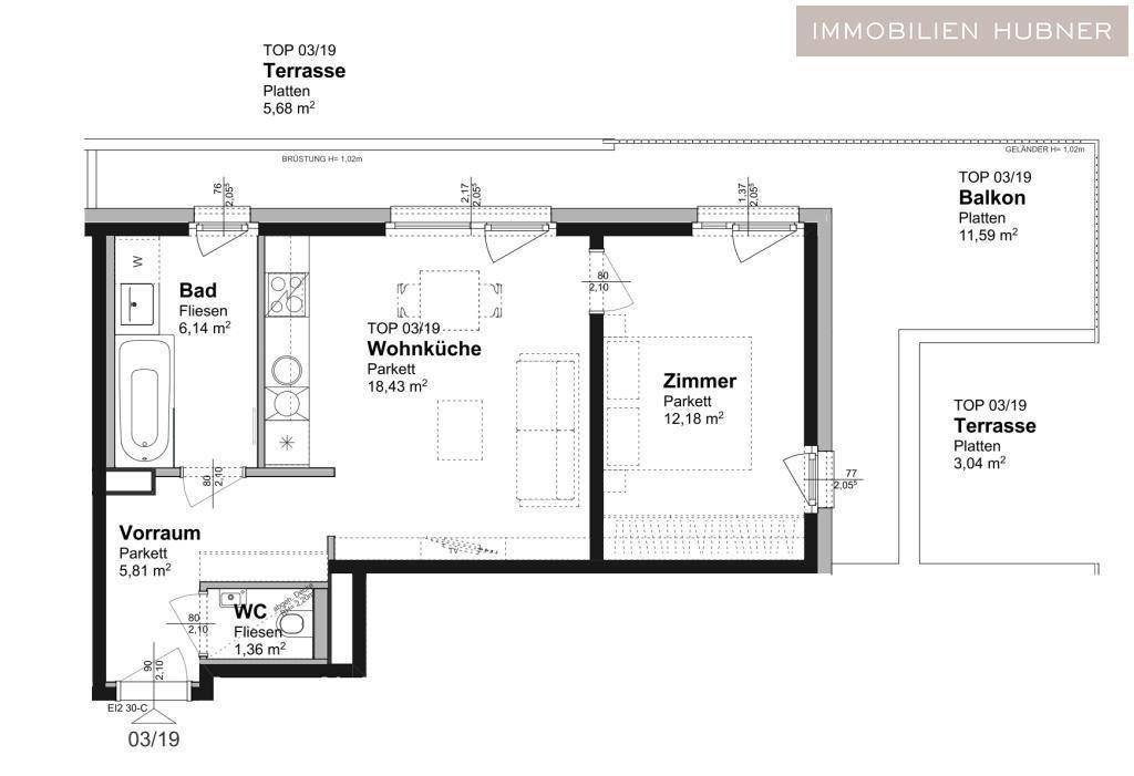Grundriss einer Wohnung mit Wohnküche, Schlafzimmer, Bad, WC und zwei Terrassen.