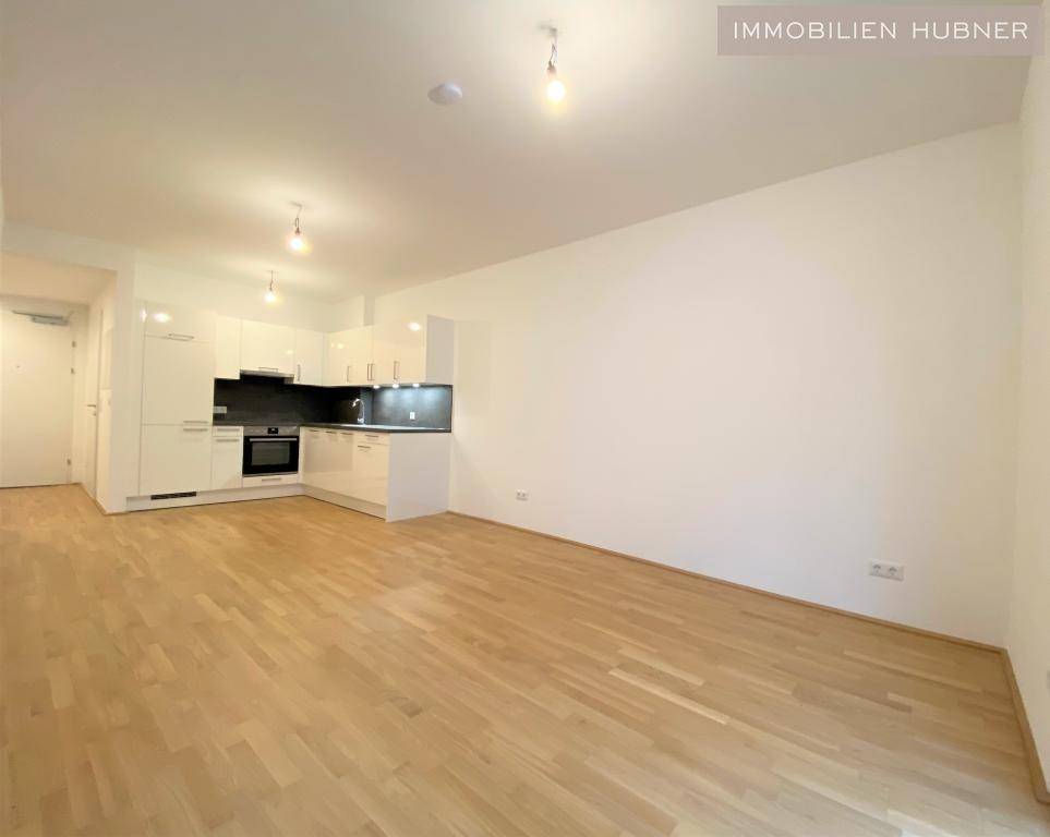 Geräumiger Wohnbereich mit offener Küche und hellem Holzparkett.