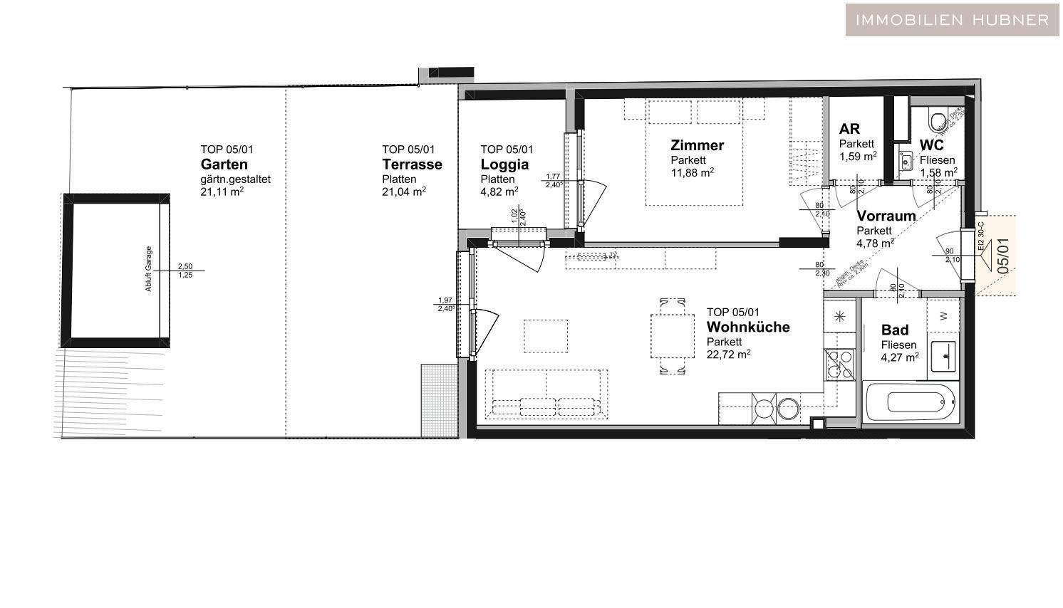 Grundriss der Wohnung mit Wohnküche, Schlafzimmer, Bad, WC, Loggia, Terrasse und Garten.
