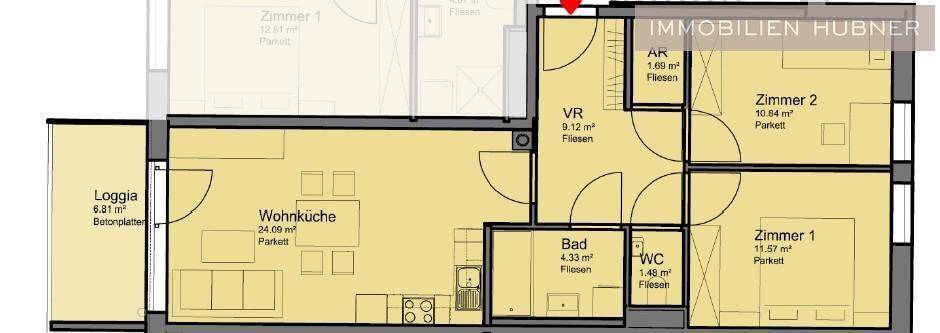 Grundriss der Wohnung mit Wohnküche, zwei Zimmern, Bad und Loggia.