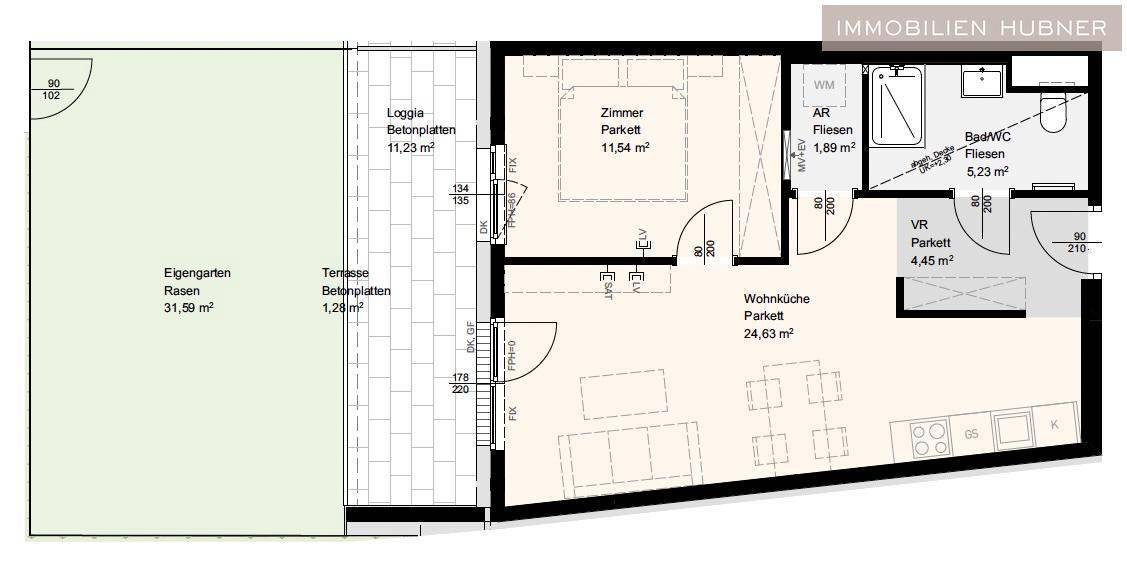 Grundriss einer Wohnung mit Loggia, Terrasse und eigenem Gartenbereich.