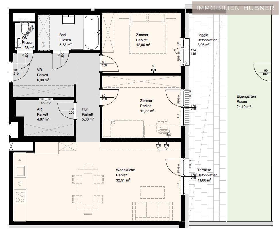 Detaillierter Grundriss einer Wohnung mit Wohnküche, zwei Zimmern, Bad, Loggia, Terrasse und Garten.