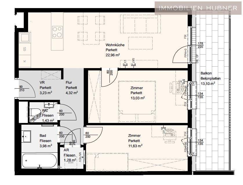 Detaillierter Grundriss mit offener Wohnküche, zwei Zimmern, Bad, WC und großem Balkon.