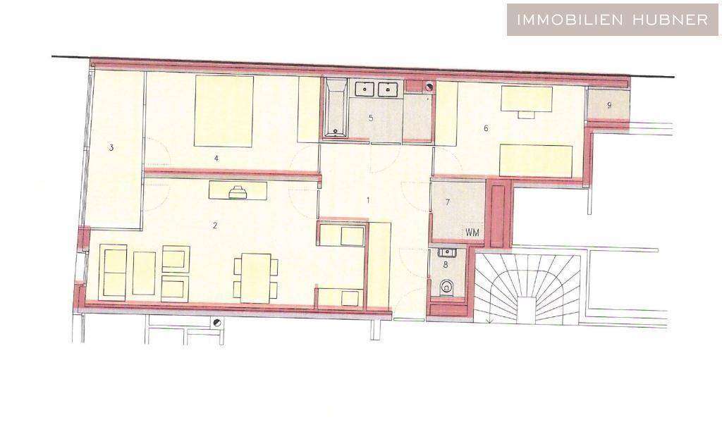 Detaillierter Grundriss der Wohnung mit Raumaufteilung und Treppenhaus.