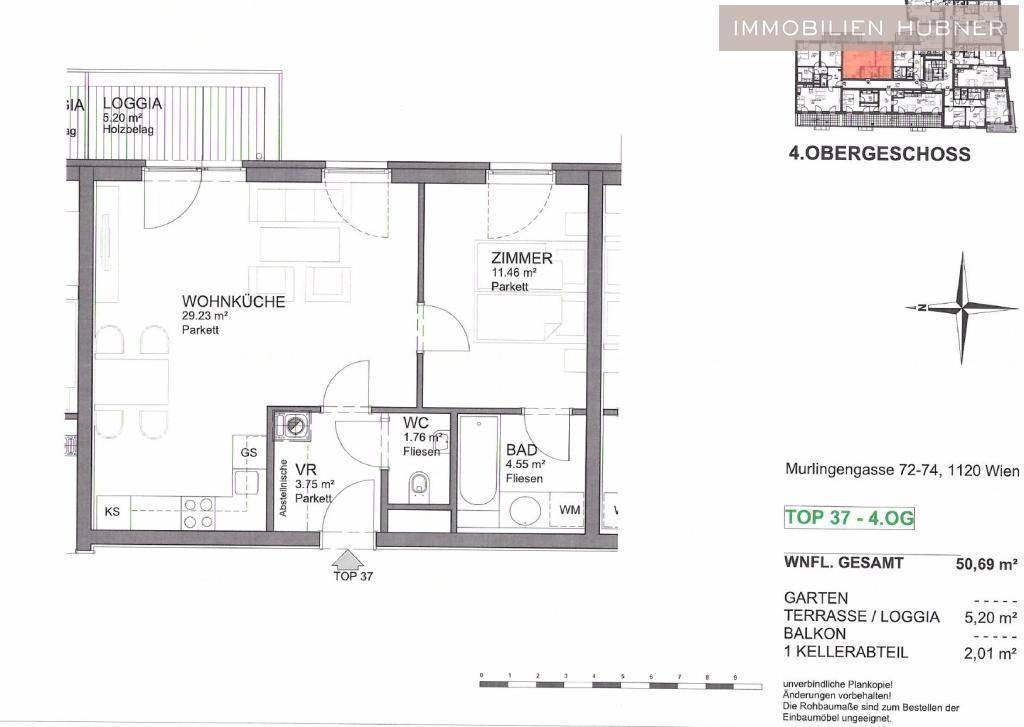 Detaillierter Grundriss einer Wohnung im 4. Obergeschoss mit Wohnküche, Zimmer, Bad und Loggia.