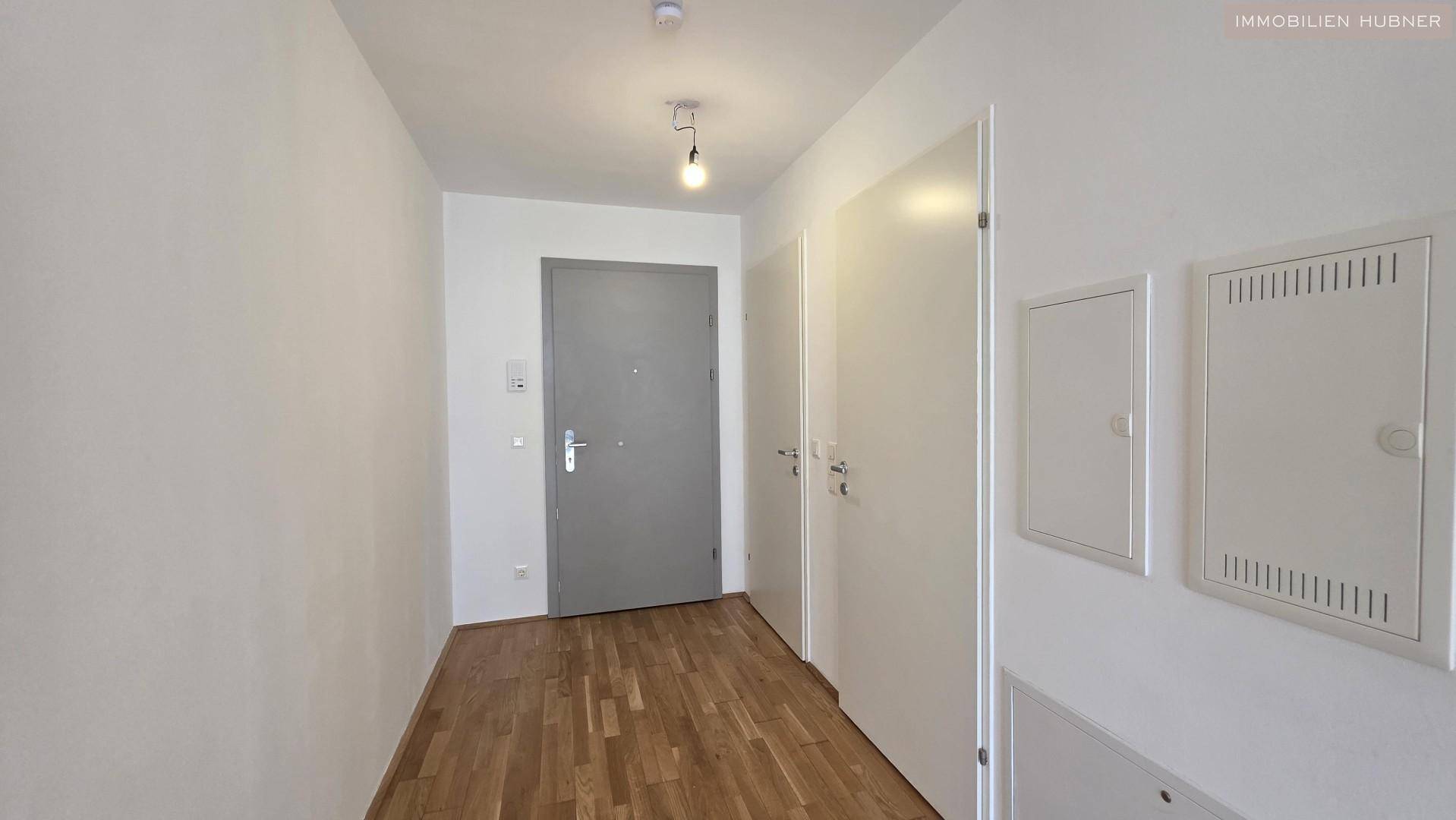 Heller Flur mit Parkettboden, einer grauen Eingangstür und weißen Innentüren.