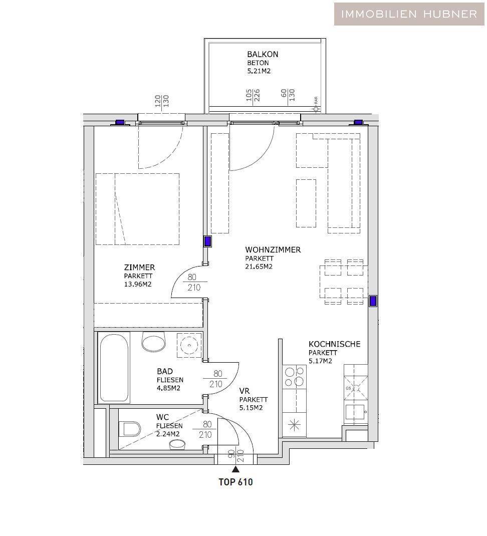 Grundriss einer Wohnung mit zwei Zimmern, Kochnische, Bad, WC und Balkon.