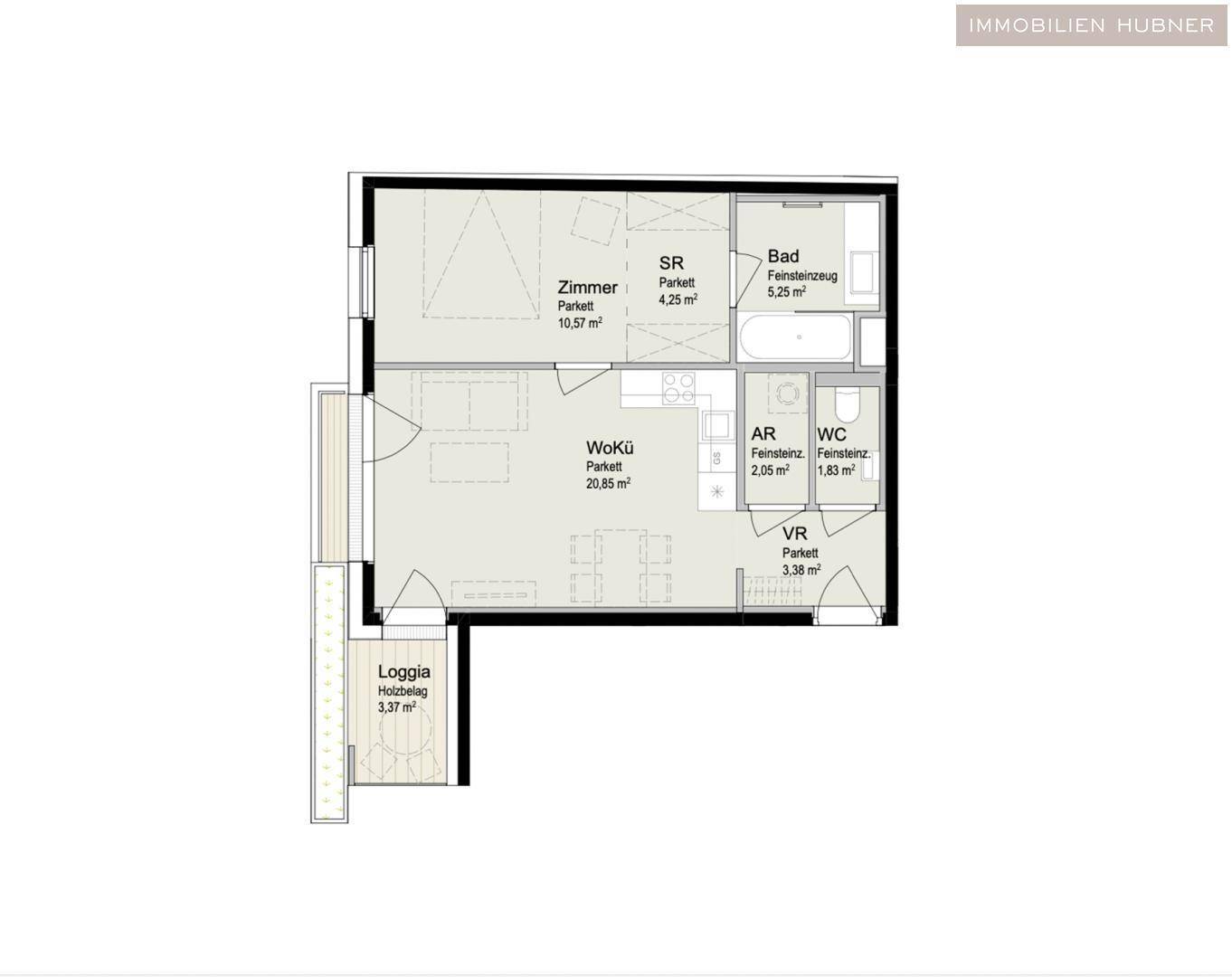 Detaillierter Grundriss der Wohnung mit Zimmern, Küche, Bad und Loggia.