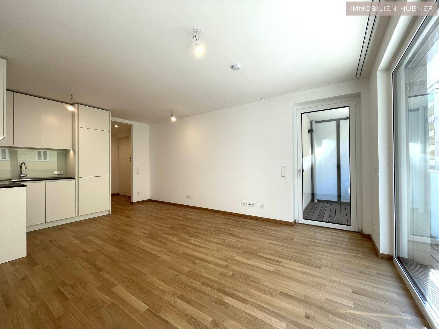 Geräumiger Wohnbereich mit offener Küche, Parkettboden und Zugang zum Balkon.