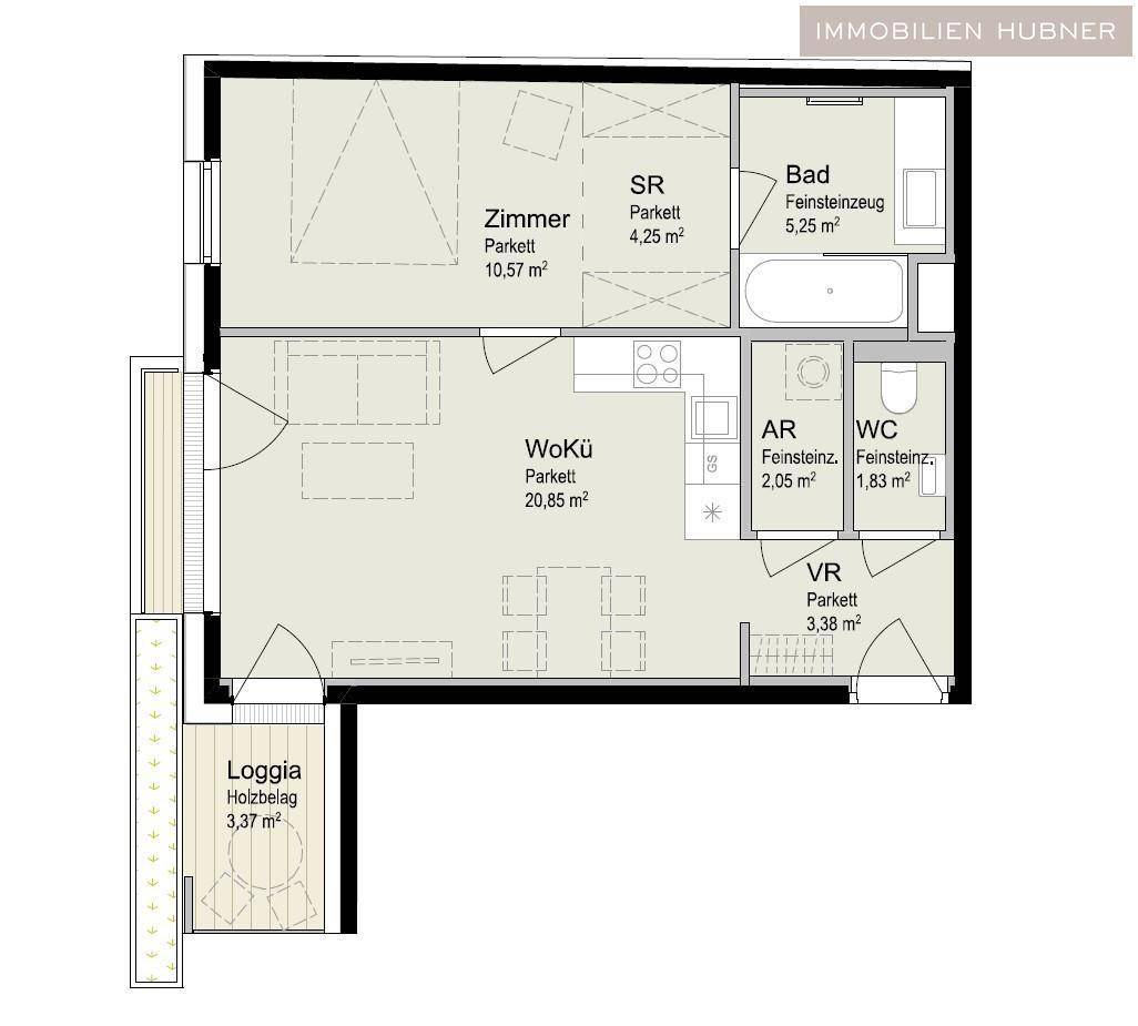 Detaillierter Grundriss der Wohnung mit Zimmern, Küche, Bad und Loggia.