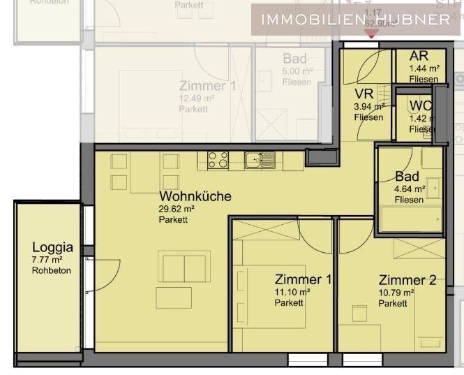 Grundriss einer Wohnung mit offener Wohnküche, Loggia und mehreren Zimmern.