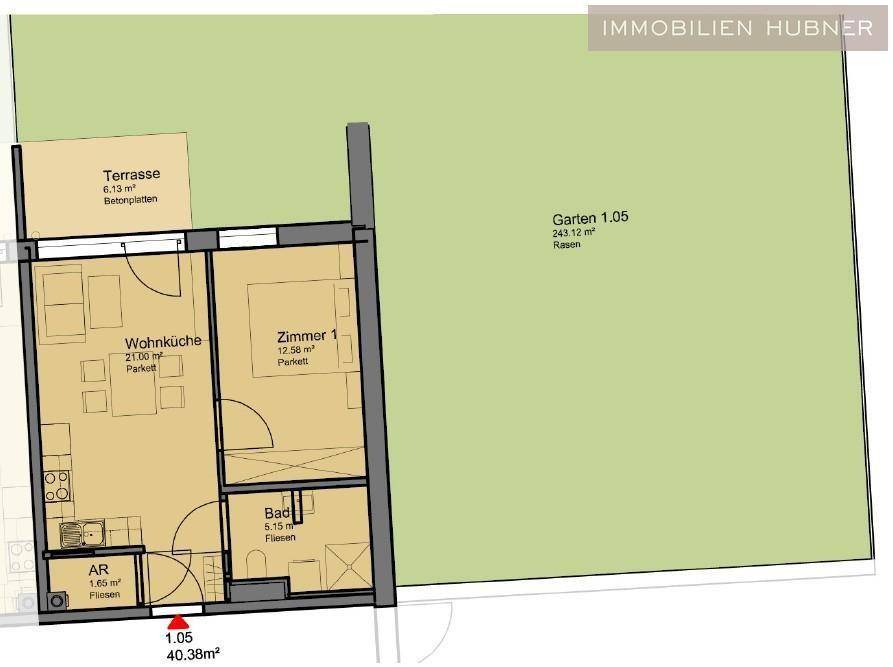 Grundriss einer Wohnung mit Wohnküche, Zimmer, Bad, Abstellraum, Terrasse und Garten.