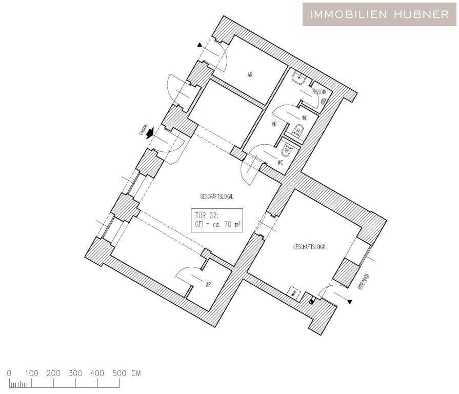 Grundrissplan eines Geschäftslokals mit ca. 70 m² und mehreren WC-Bereichen.