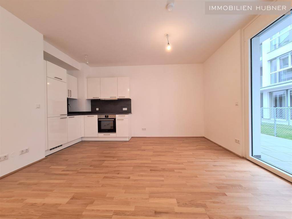 Heller offener Wohnbereich mit integrierter Küchenzeile und Zugang zur Terrasse.