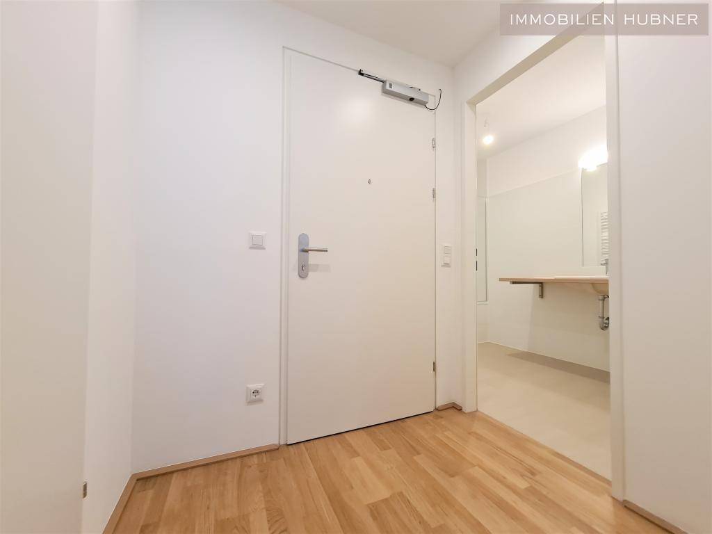 Heller Eingangsbereich mit Parkettboden und Zugang zu den weiteren Räumen der Wohnung.