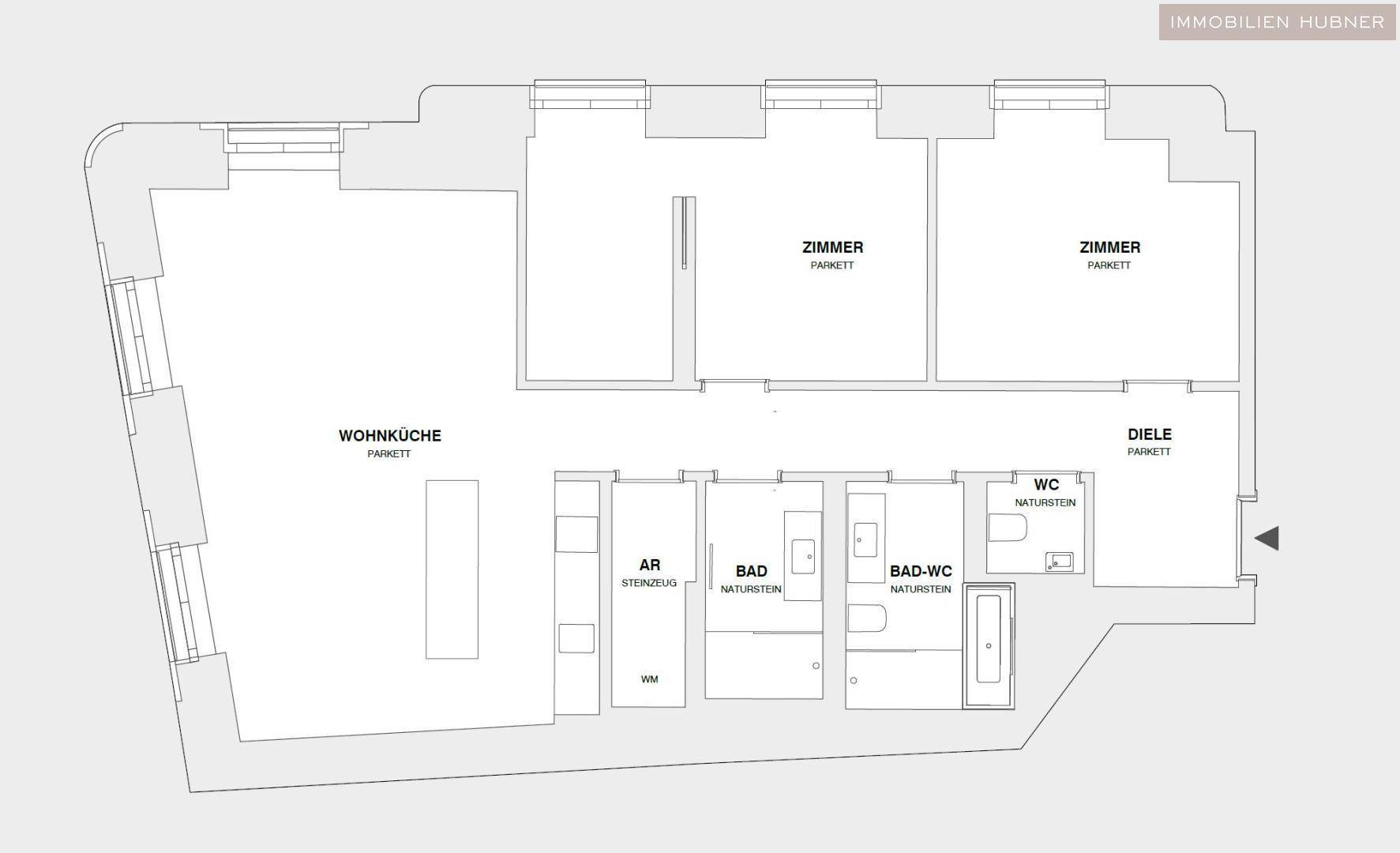 Grundrissplan der Wohnung mit offener Wohnküche, drei Zimmern und zwei Bädern.