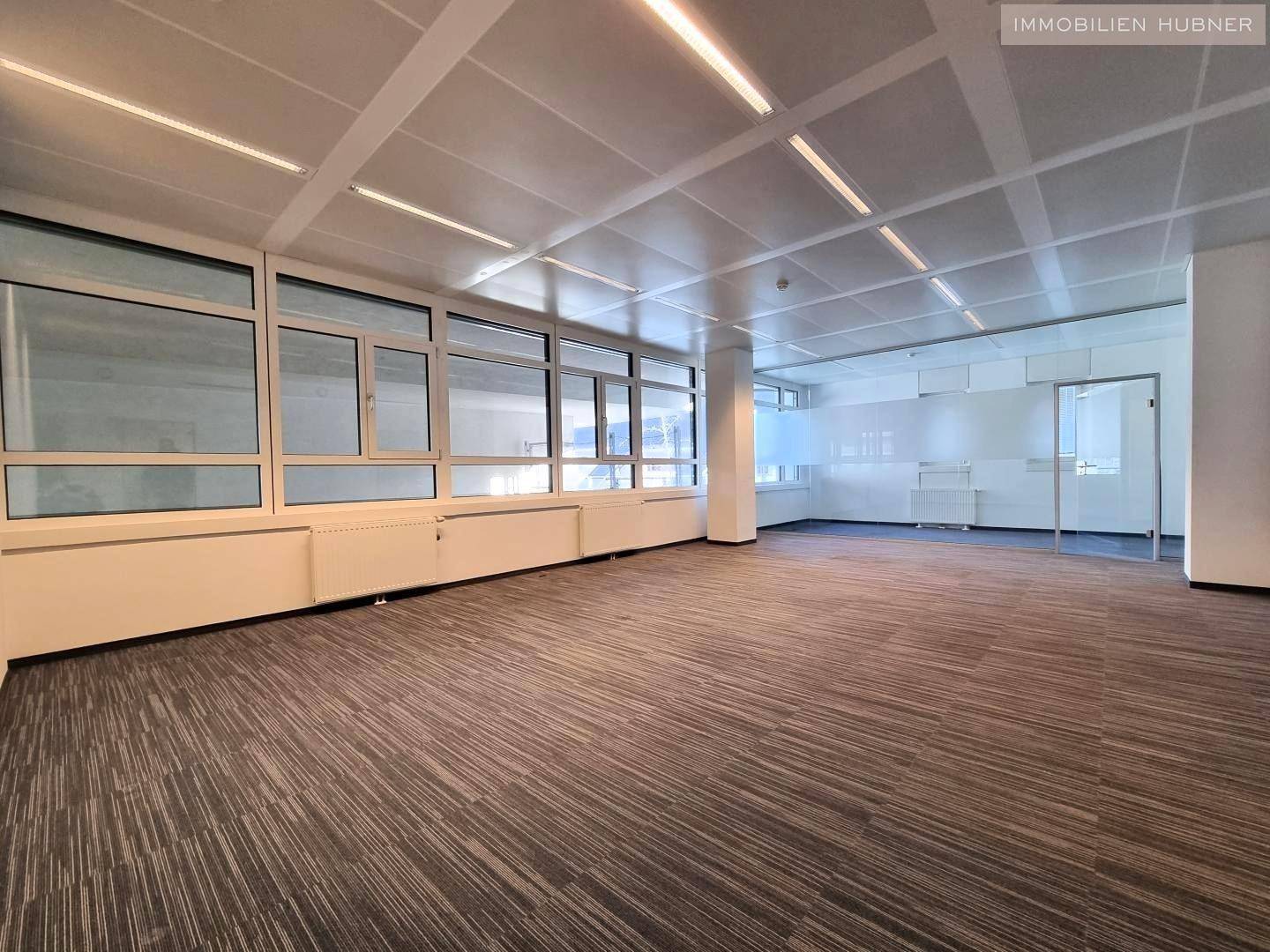 Großes, offenes Büro mit Teppichboden, vielen Fenstern und Blick in angrenzende Räume.