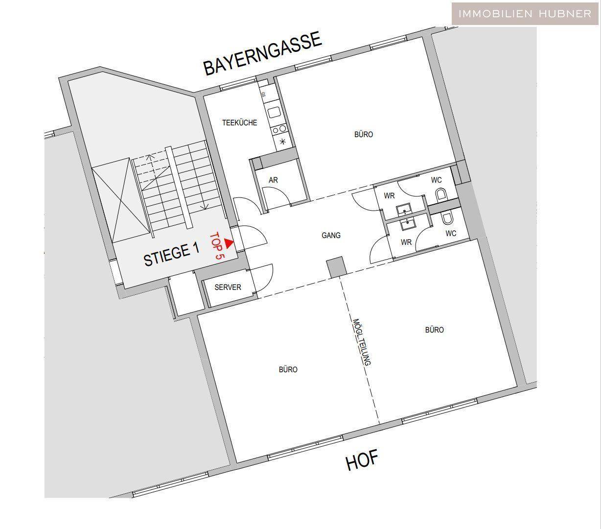 Grundrissplan einer Gewerbefläche mit Teeküche, Büros und WCs, zugänglich über Stiege 1.