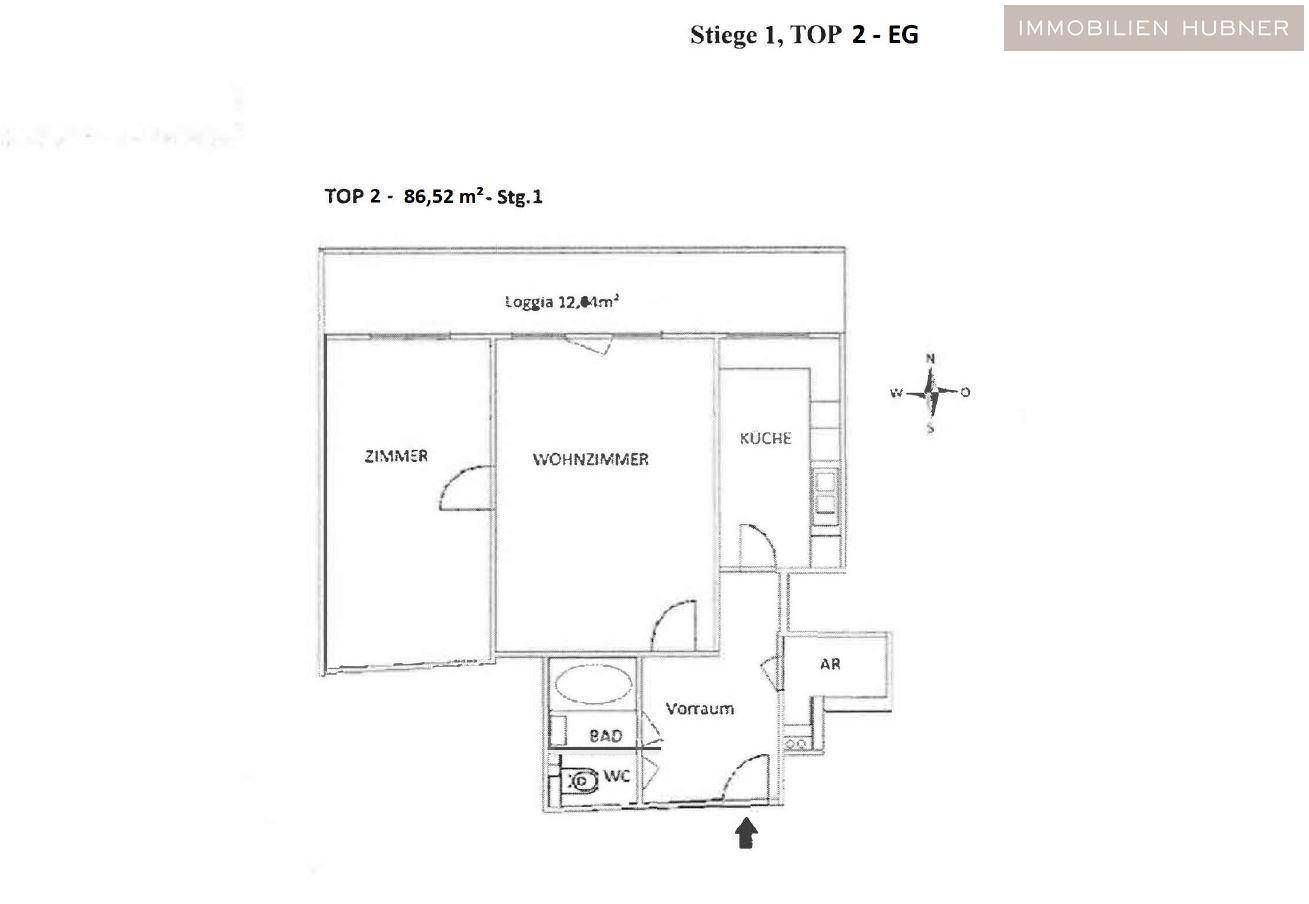 Grundriss der Wohnung TOP 2 mit 86,52 m² Wohnfläche und einer Loggia von 12,84 m².