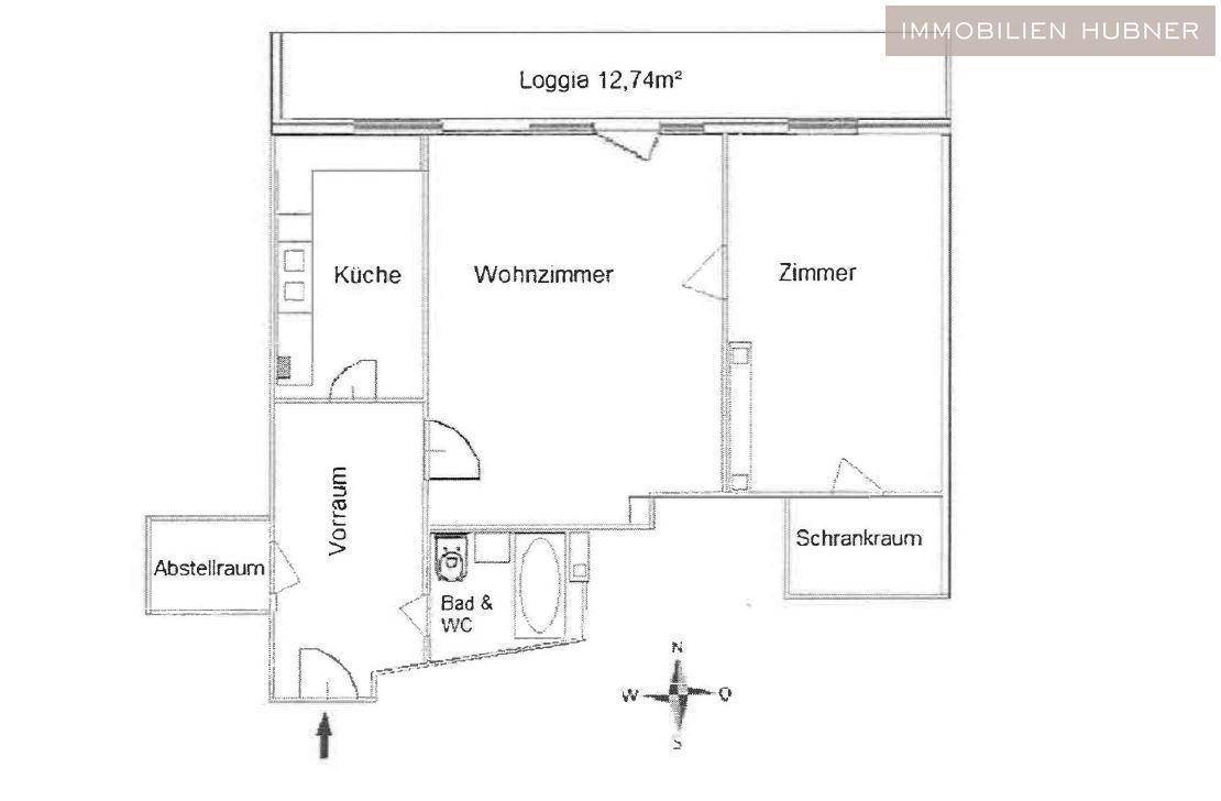 Grundriss einer Wohnung mit Loggia, Wohnzimmer, Küche und weiteren Räumen.