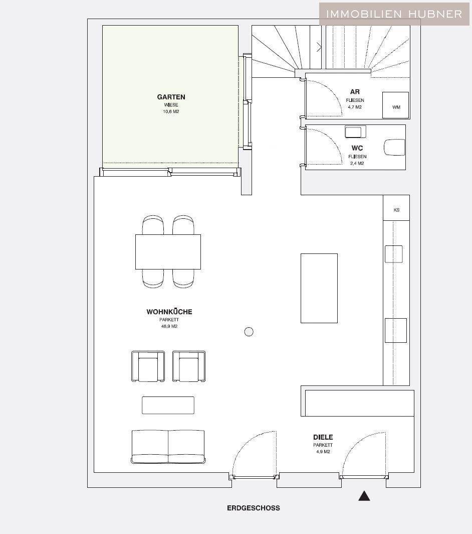 Grundriss des Erdgeschosses mit offener Wohnküche, Diele, WC und Garten.