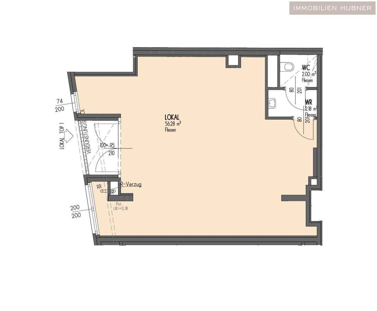 Grundrissplan eines Ladenlokals mit 58,28 m² und separatem WC-Bereich.