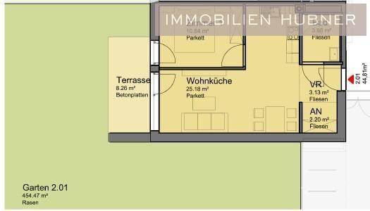 Grundriss einer Wohnung mit Wohnküche, Terrasse und großem Gartenbereich.