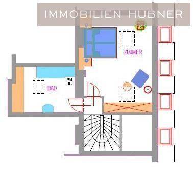 Grundriss der oberen Ebene mit Schlafzimmer, Bad und Treppenaufgang.