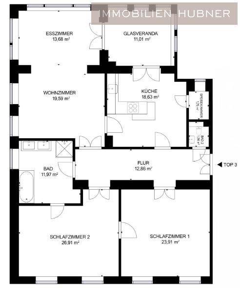 Detaillierter Grundrissplan einer Wohnung mit zwei Schlafzimmern, offenem Wohnbereich und verglastem Balkon.