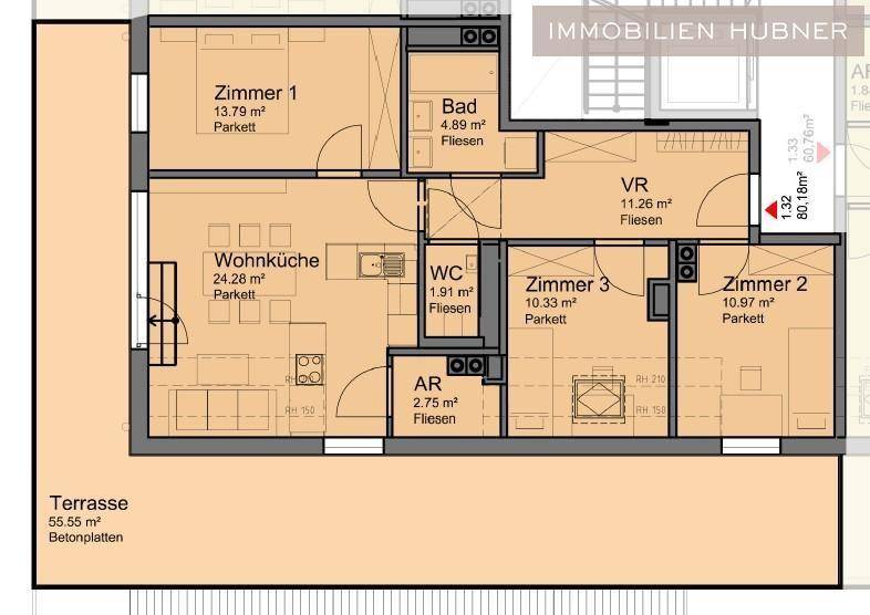 Detaillierter Grundriss einer Wohnung mit drei Zimmern, Wohnküche und großer Terrasse.