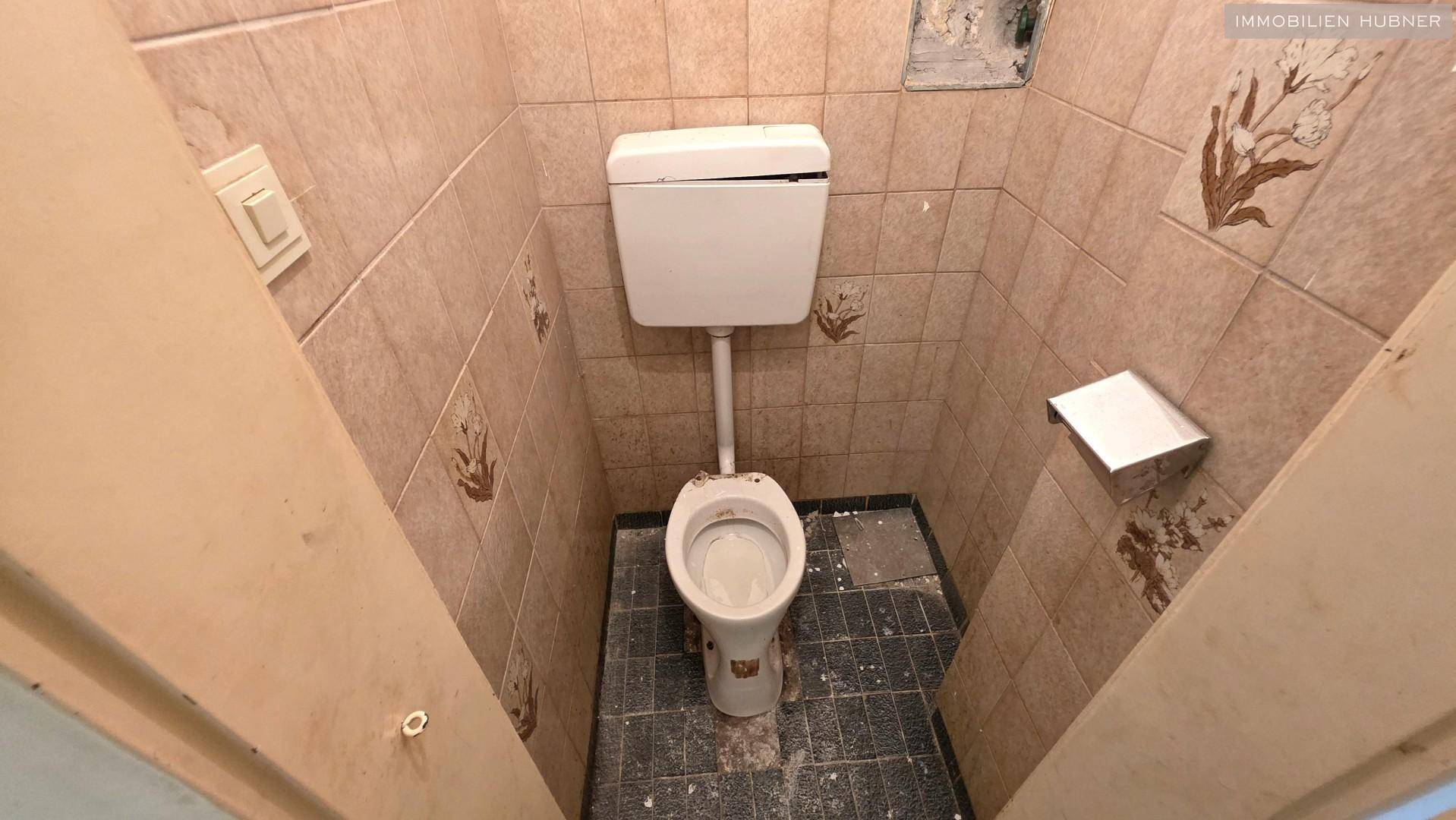Kleines WC mit älteren Fliesen und einfacher Toilette, benötigt eine Renovierung.