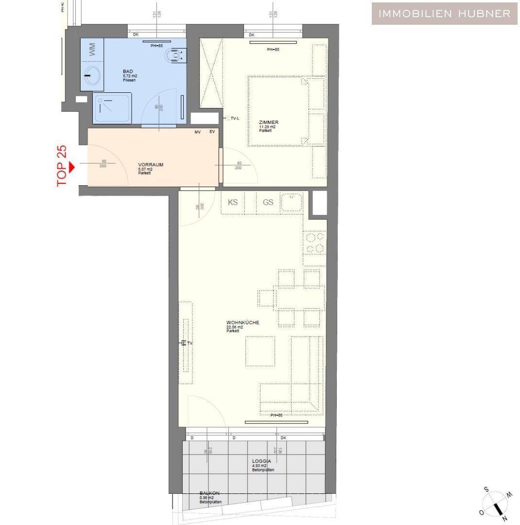 Grundriss der Wohnung mit Wohnküche, Schlafzimmer, Bad und Loggia.