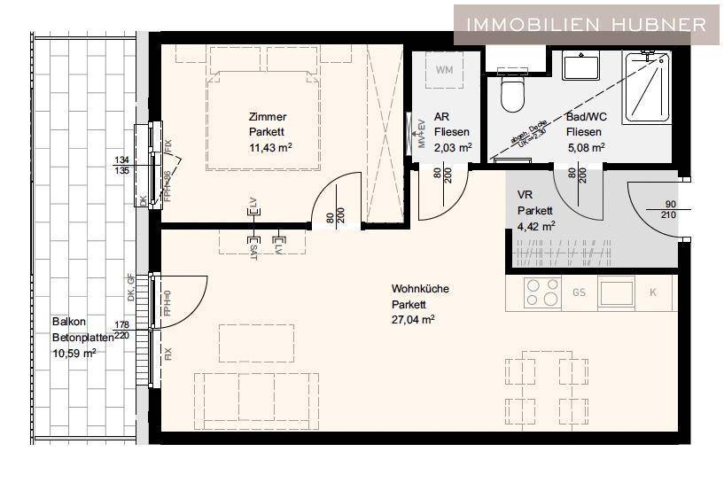 Grundriss einer Wohnung mit Wohnküche, Schlafzimmer, Bad und Balkon.