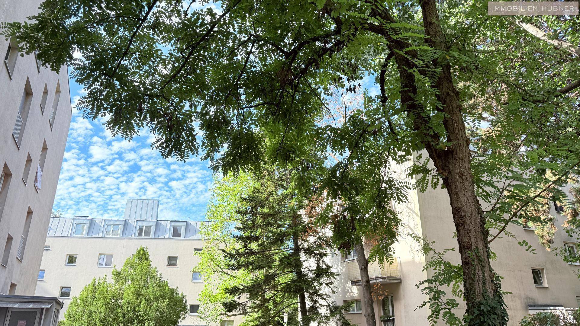 Außenansicht eines Wohngebäudes umgeben von Bäumen unter blauem Himmel.