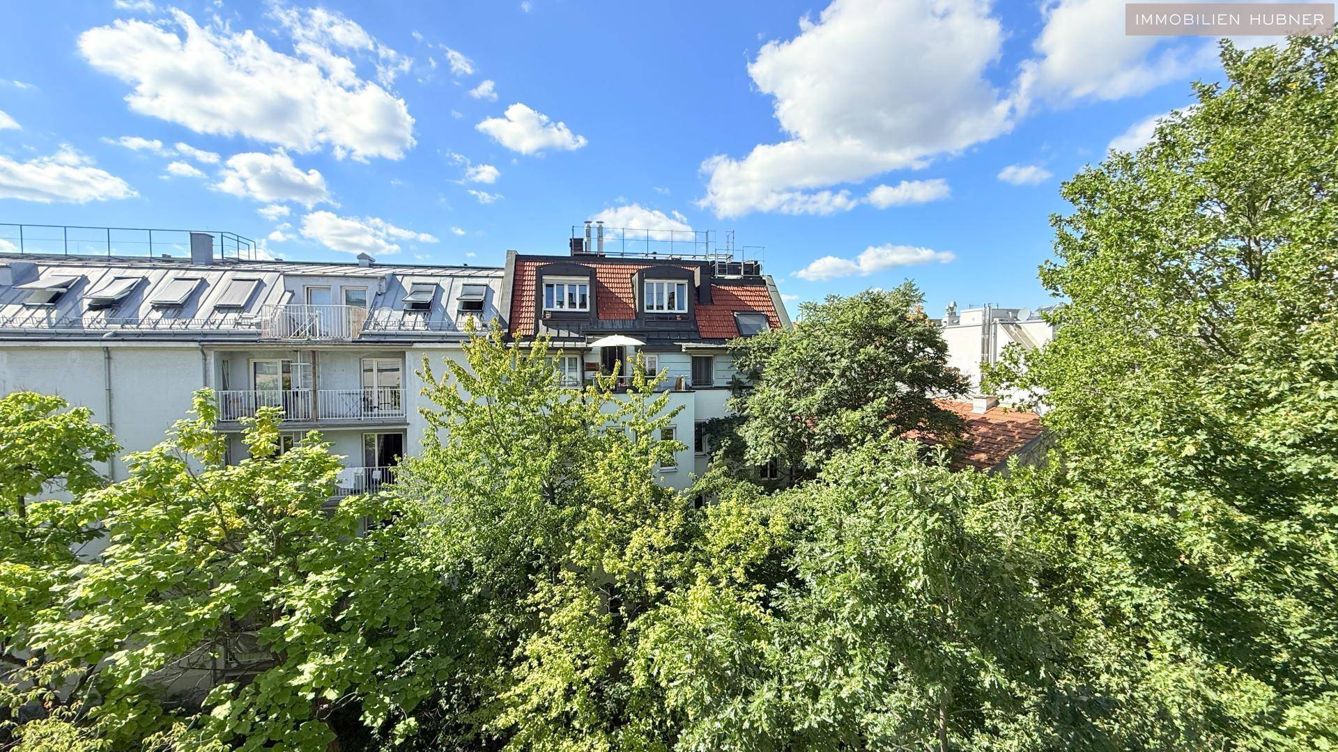 Weitläufiger Blick über die Dächer der Stadt und grüne Bäume unter blauem Himmel.